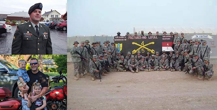 Three photos of Daniel Jennett, one of him in uniform, with his kids, and his army brothers.